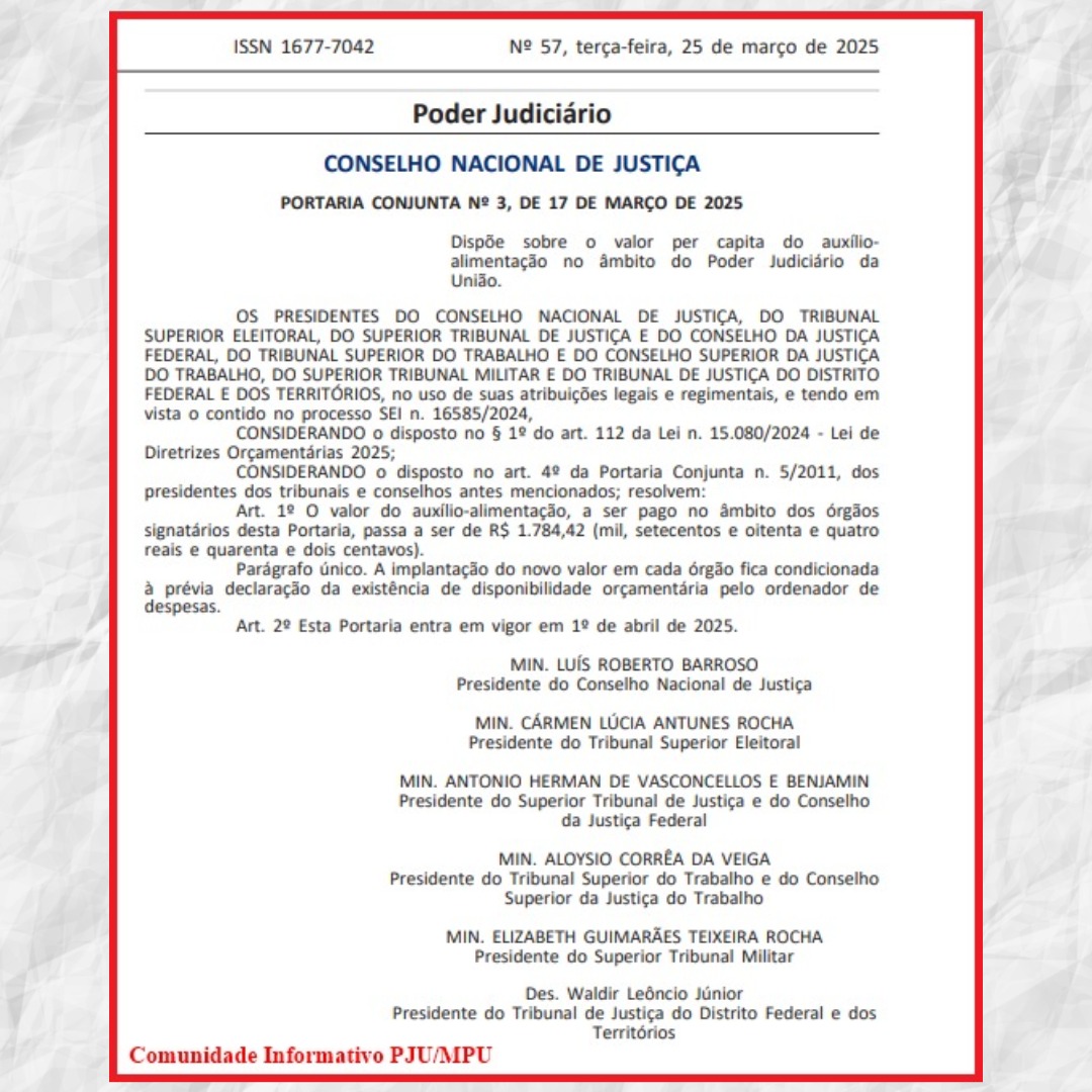 Portaria conjunta publicada no D.O.U. Auxílio alimentação dos servidores do PJU equiparação com TCU